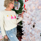 Pink Christmas Tree Ivory Cable Sweater