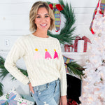 Pink Christmas Tree Ivory Cable Sweater