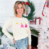 Pink Christmas Tree Ivory Cable Sweater