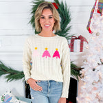 Pink Christmas Tree Ivory Cable Sweater