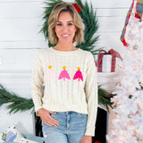 Pink Christmas Tree Ivory Cable Sweater