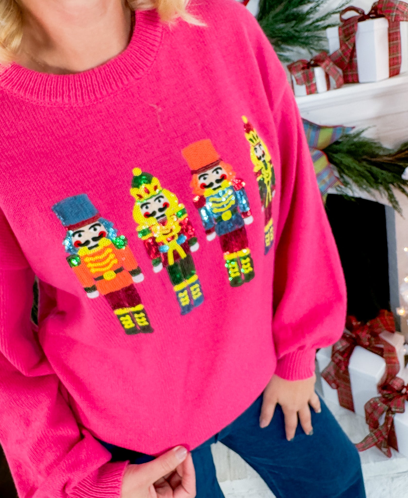 Pink Sequin Nutcracker Christmas Sweater