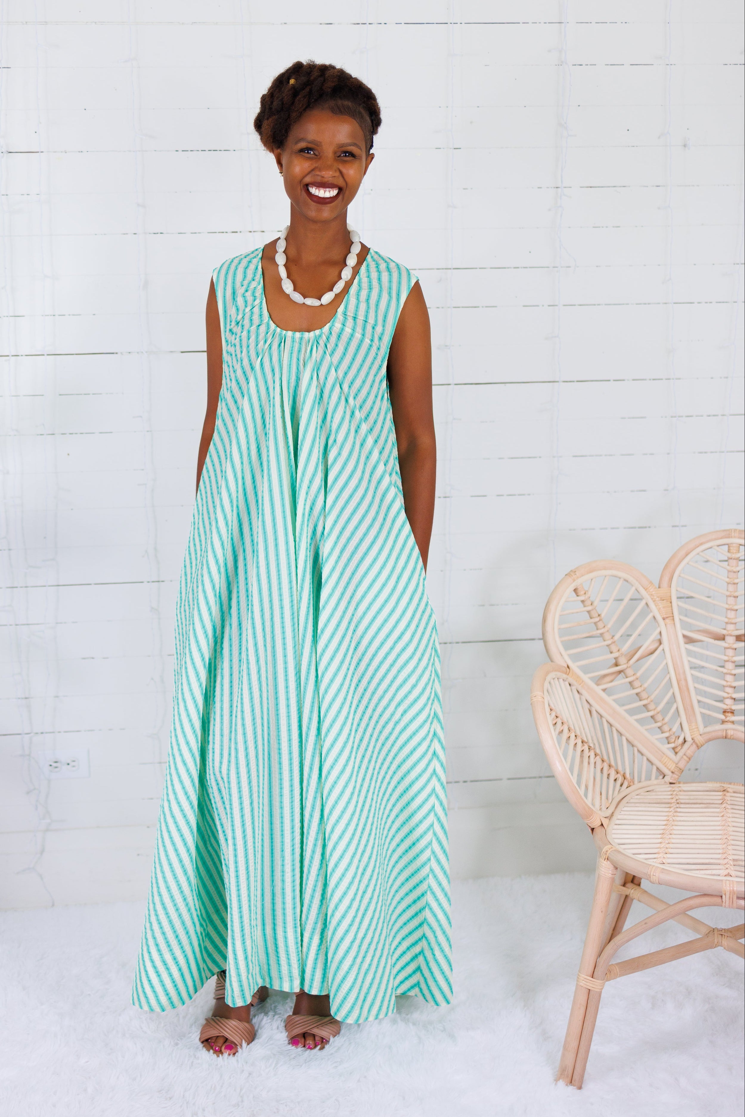 Poole Aqua Seersucker Stripe Scoop Maxi Dress Karlie