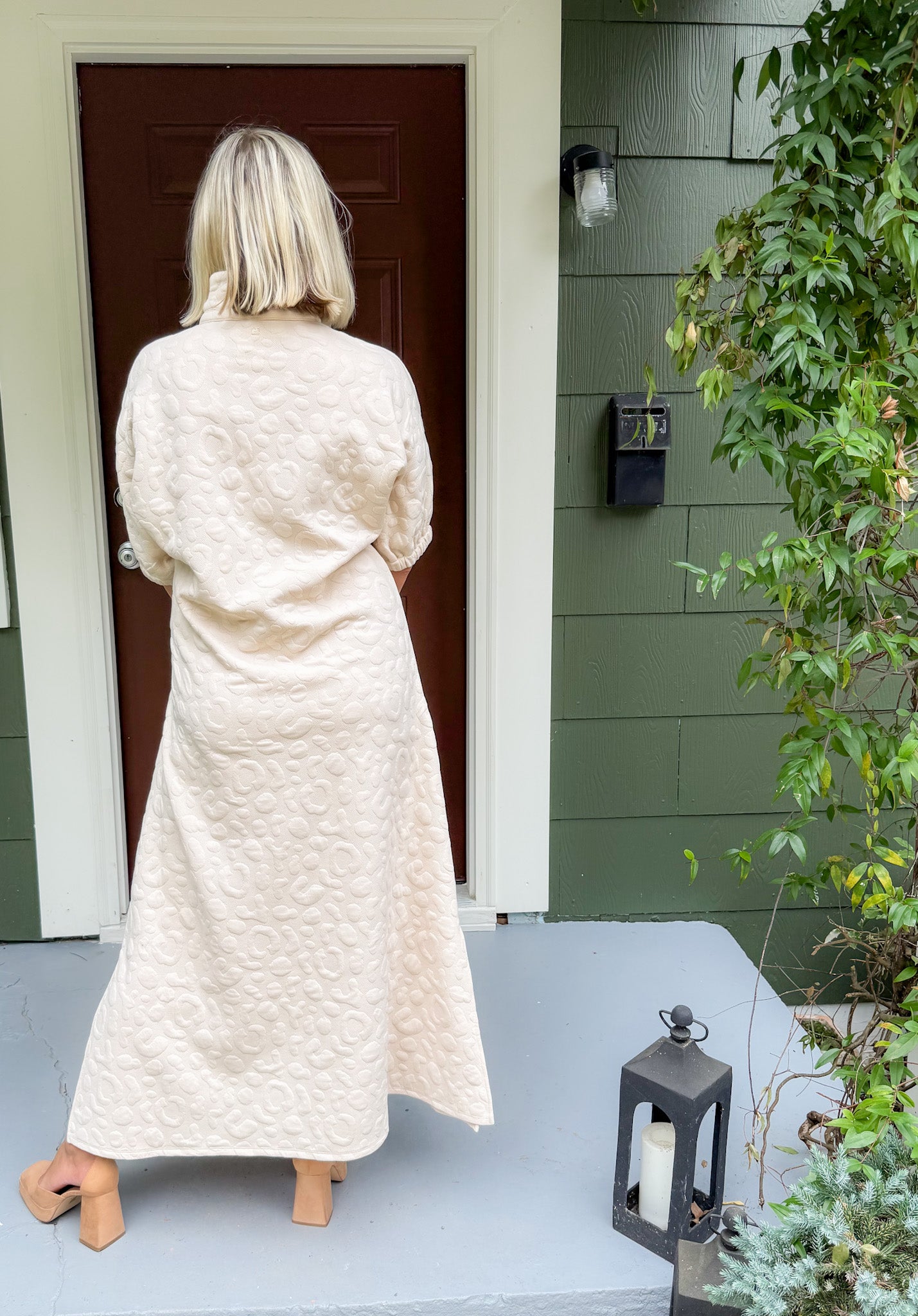 Poppy Sandstone Cheetah Quilted Jacquard Maxi Dress Emily McCarthy