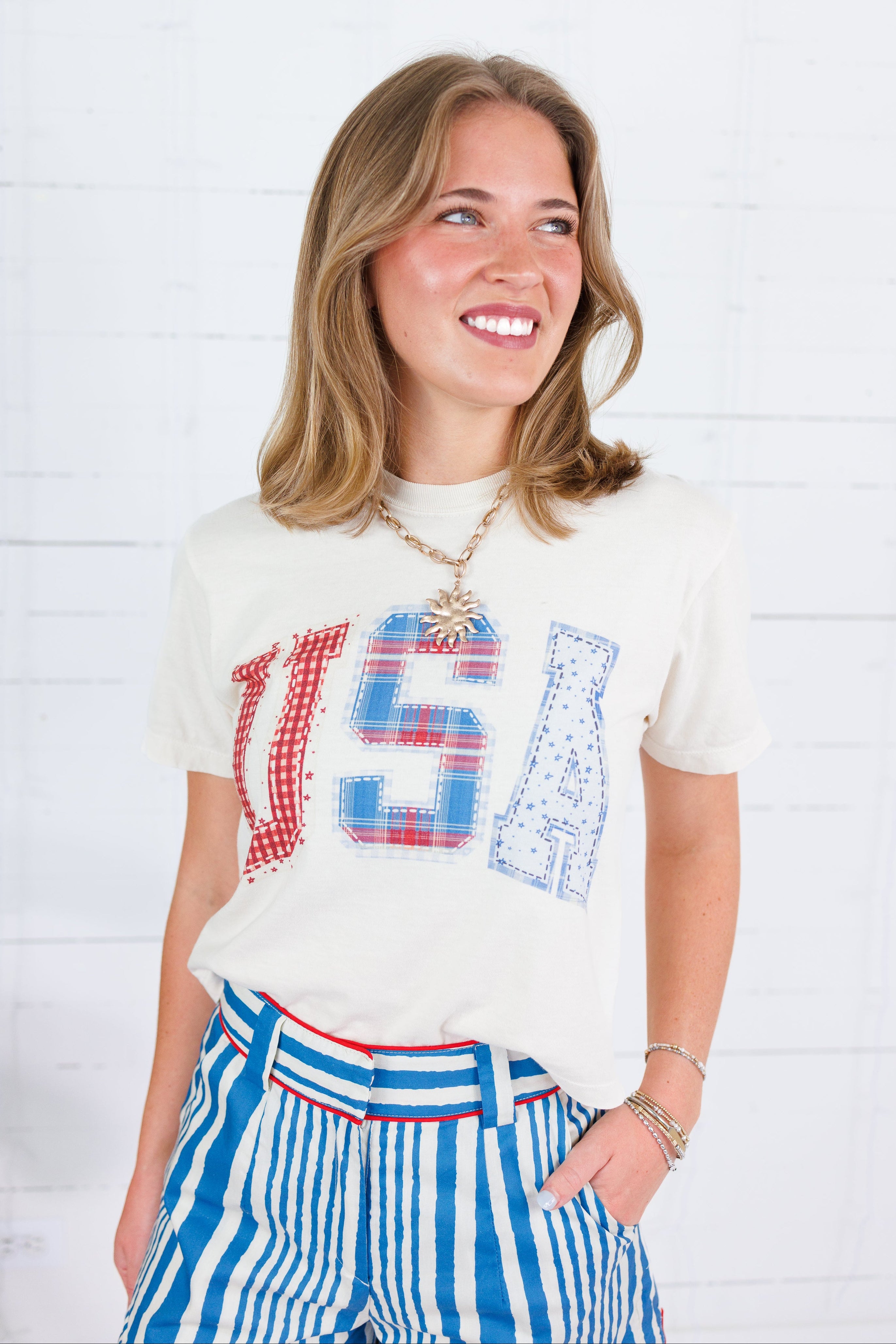 Poppy & Pine Ivory USA Patchwork Cropped Tee