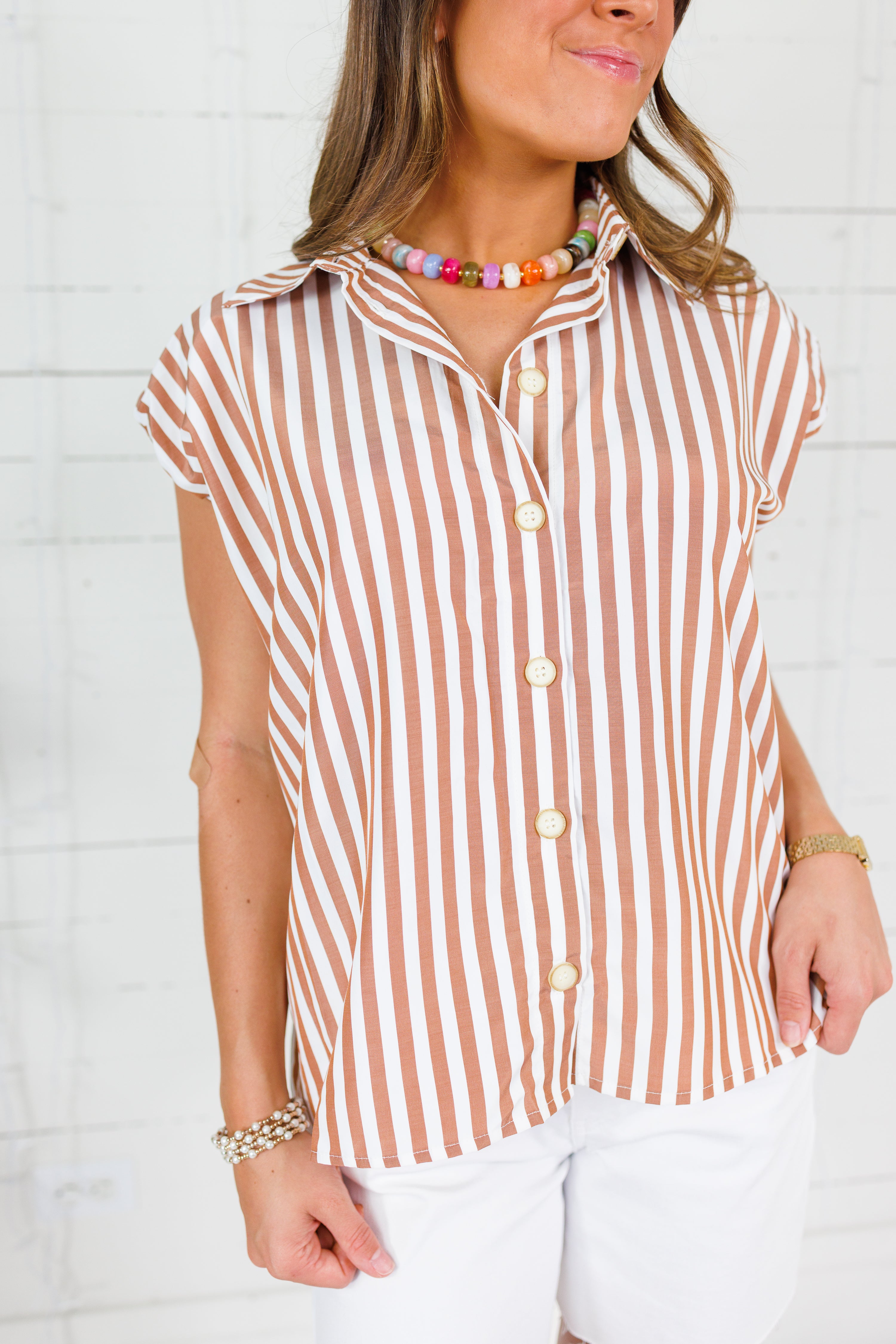 Porter Cocoa Stripe Bubble Sleeve Top