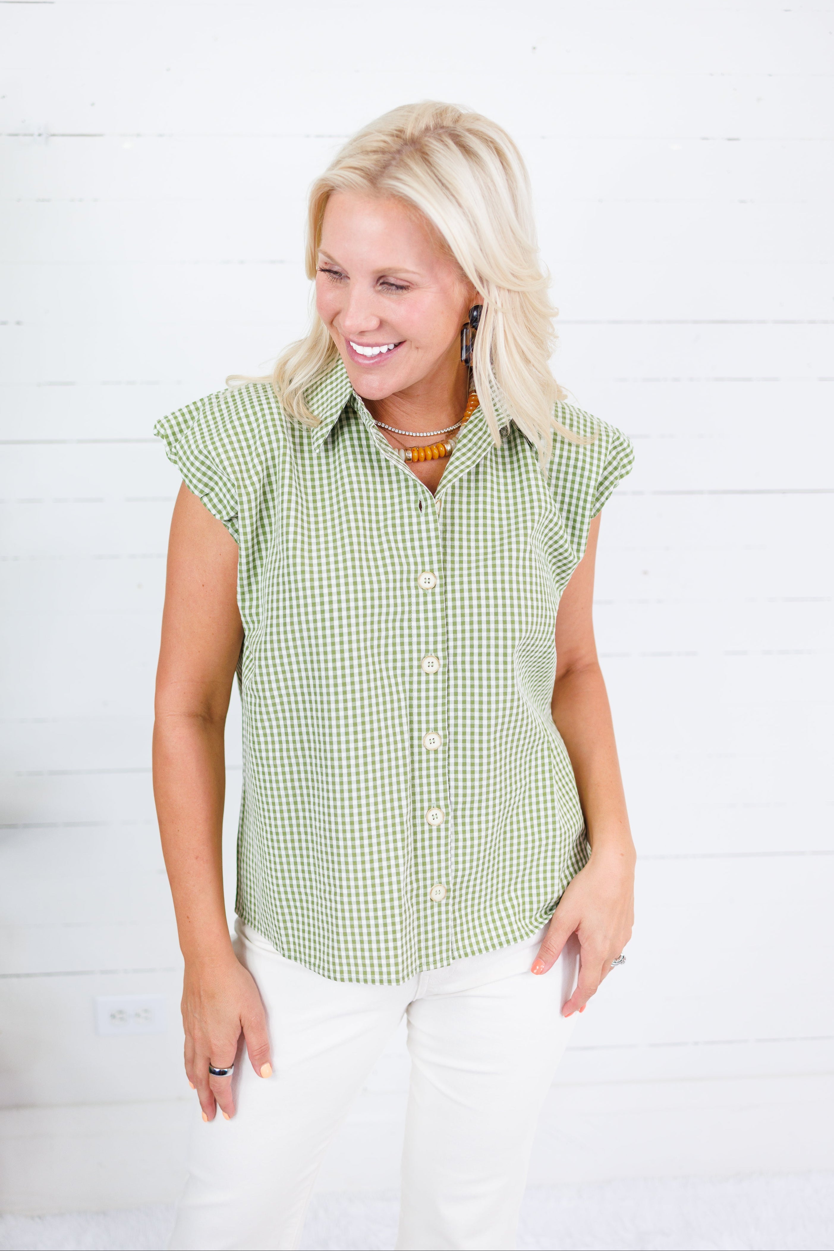 Porter Olive Gingham Bubble Sleeve Top Karlie