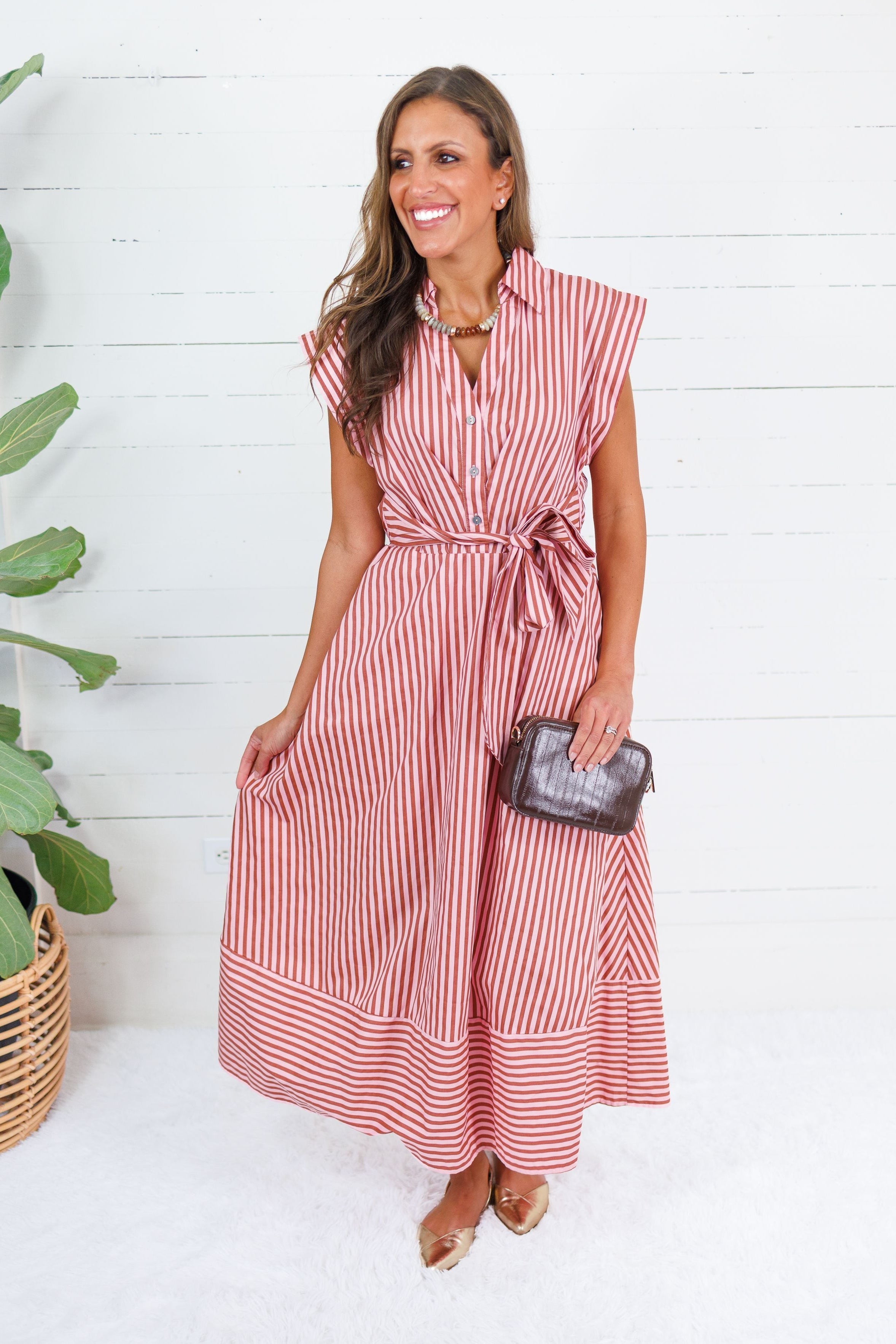 Potter Camel + Pink Striped Maxi Dress Entro