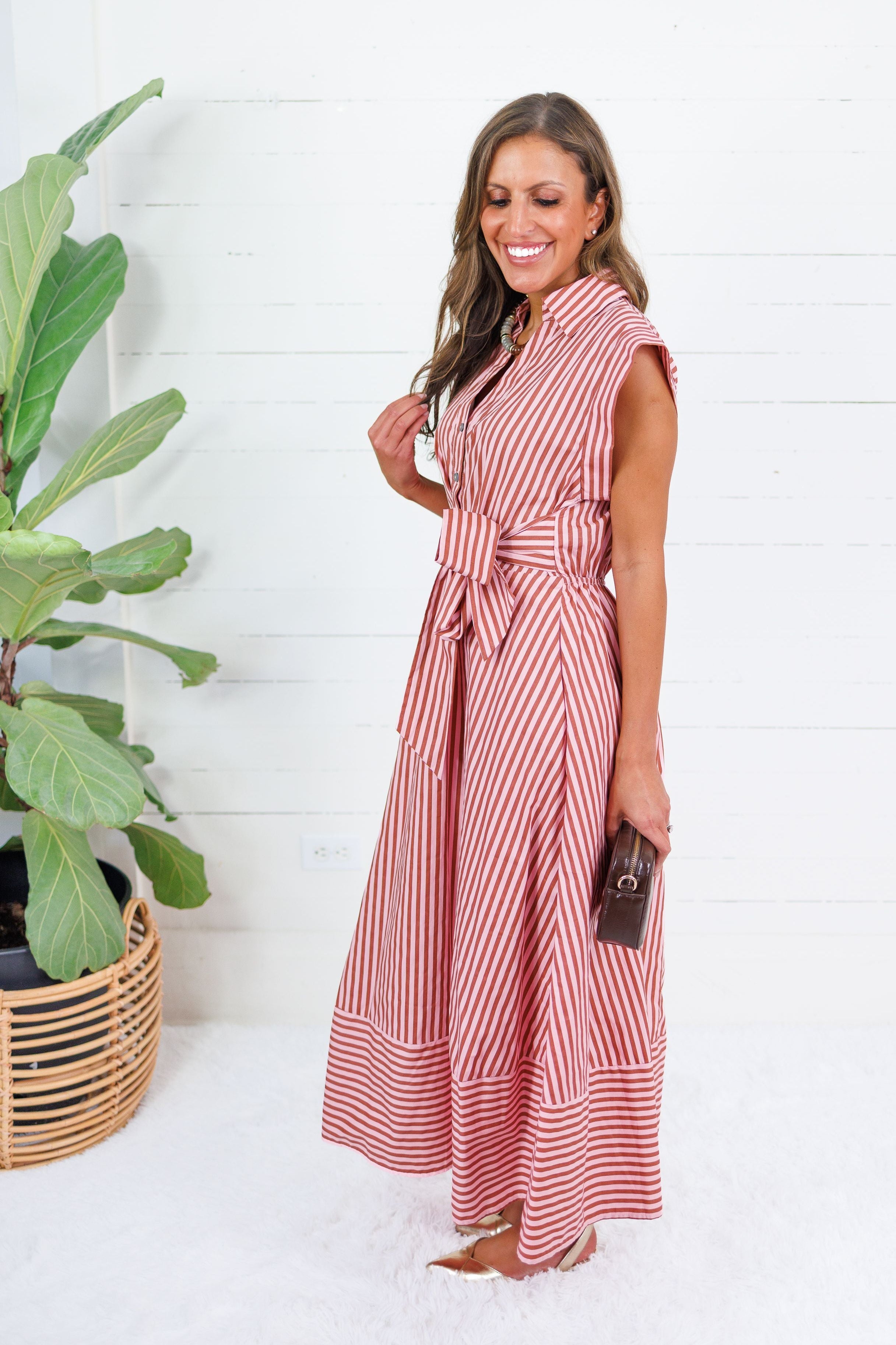 Potter Camel + Pink Striped Maxi Dress Entro