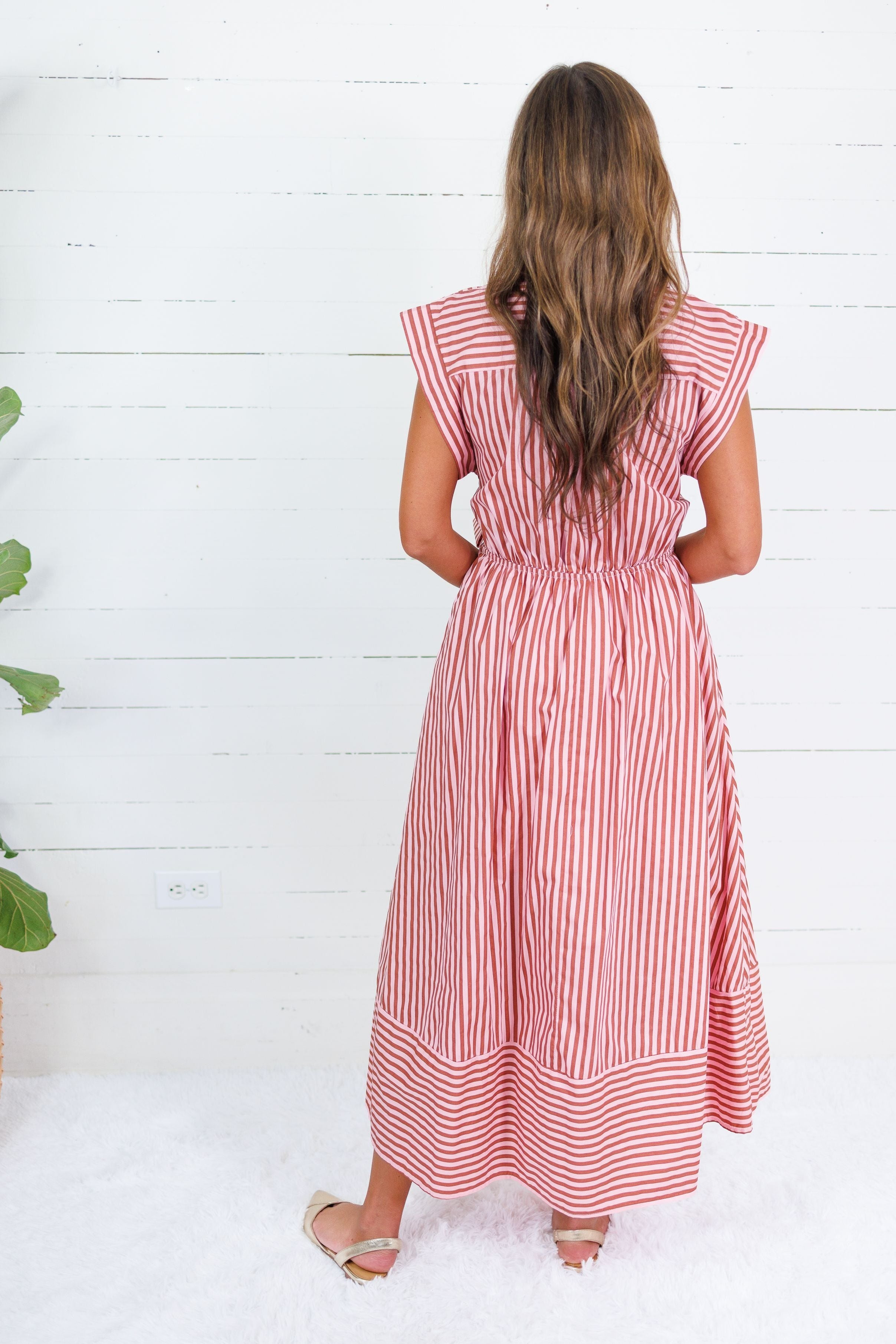 Potter Camel + Pink Striped Maxi Dress Entro