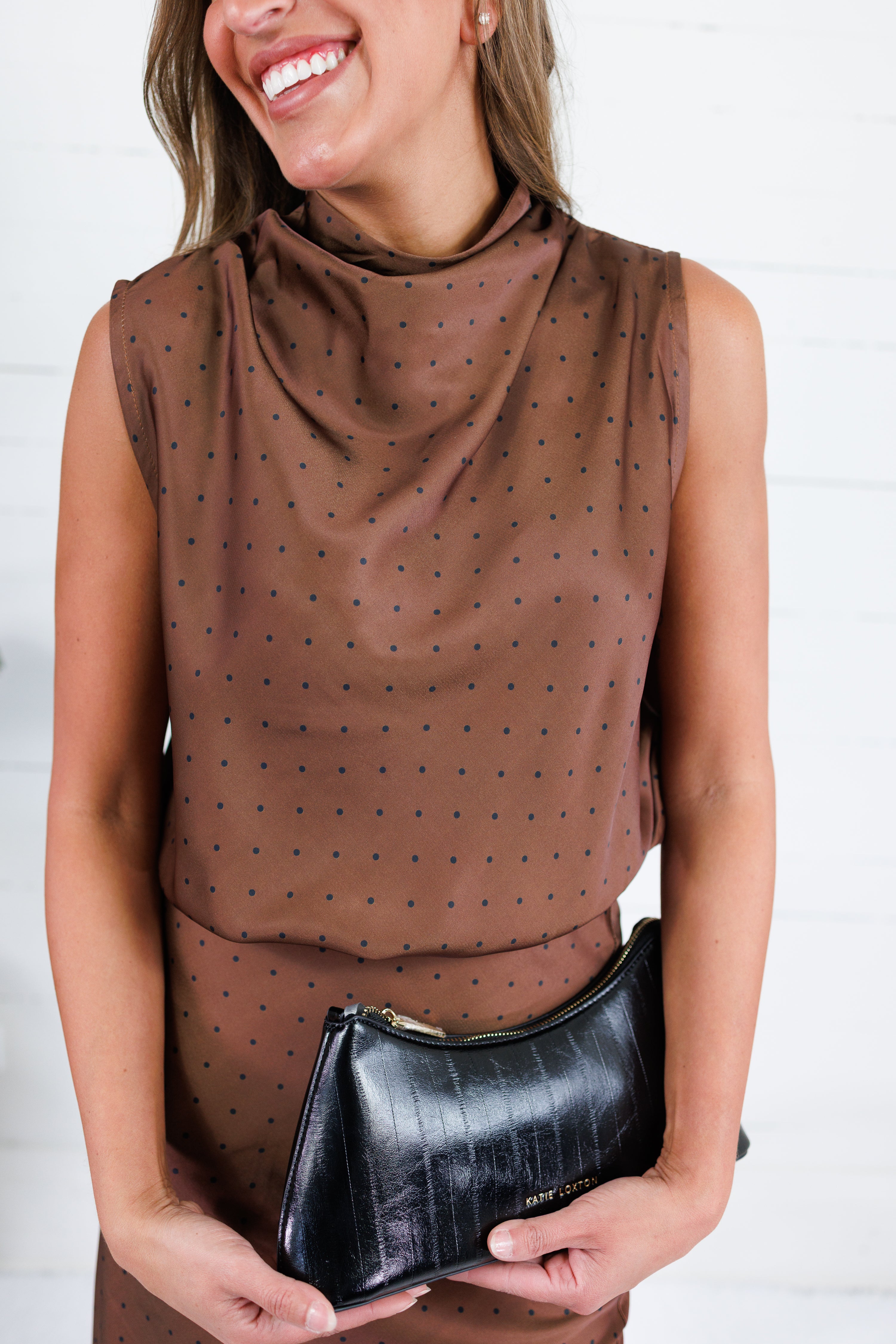 Pratt Mocha Mock Neck Polka Dot Top Glam