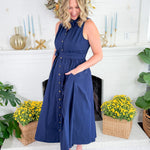Preston Navy + Old Gold Button Maxi  Dress