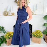 Preston Navy + Old Gold Button Maxi  Dress
