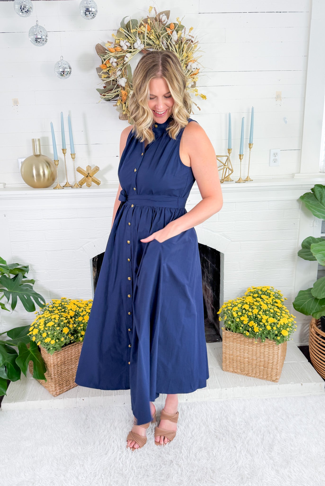 Preston Navy + Old Gold Button Maxi  Dress