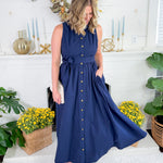 Preston Navy + Old Gold Button Maxi  Dress