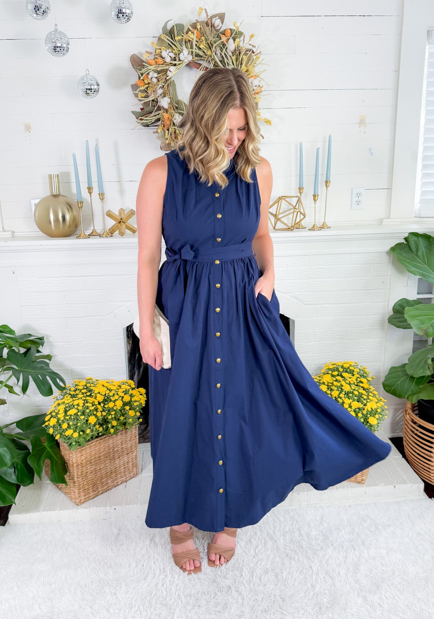 Preston Navy + Old Gold Button Maxi  Dress
