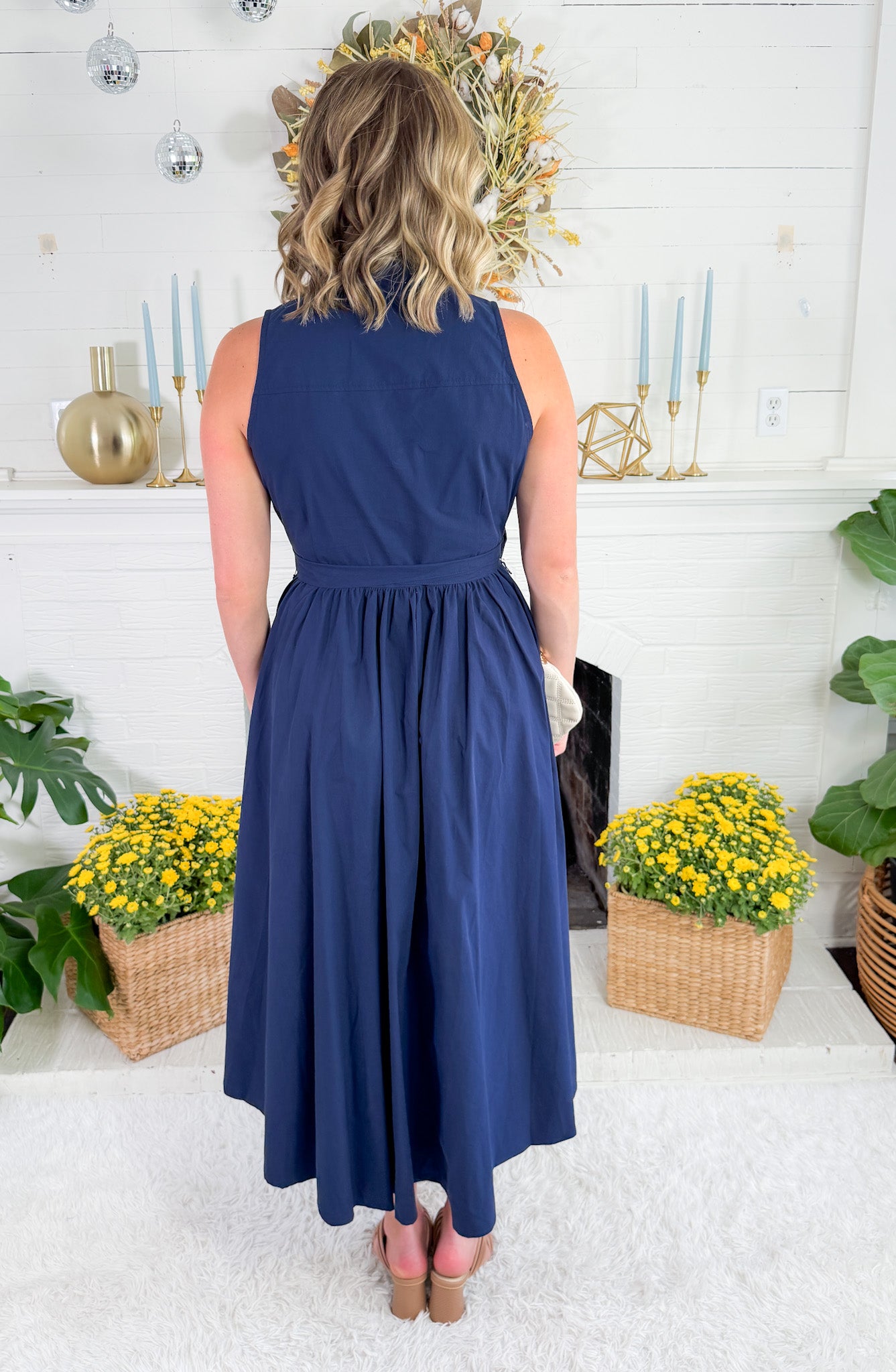 Preston Navy + Old Gold Button Maxi  Dress