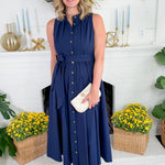 Preston Navy + Old Gold Button Maxi  Dress