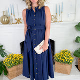 Preston Navy + Old Gold Button Maxi  Dress