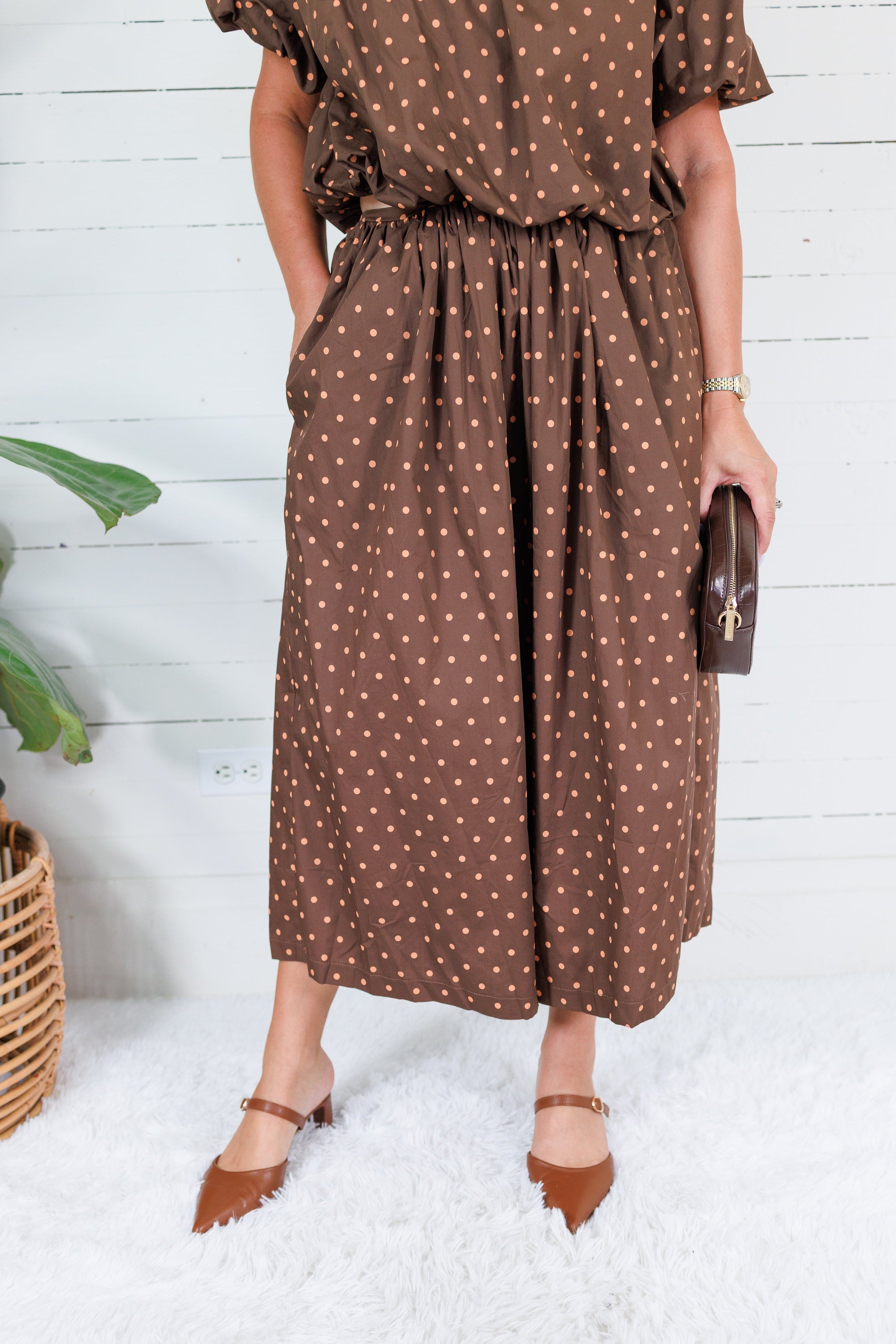 Pruett Brown Polka Dot A-Line Skirt Glam