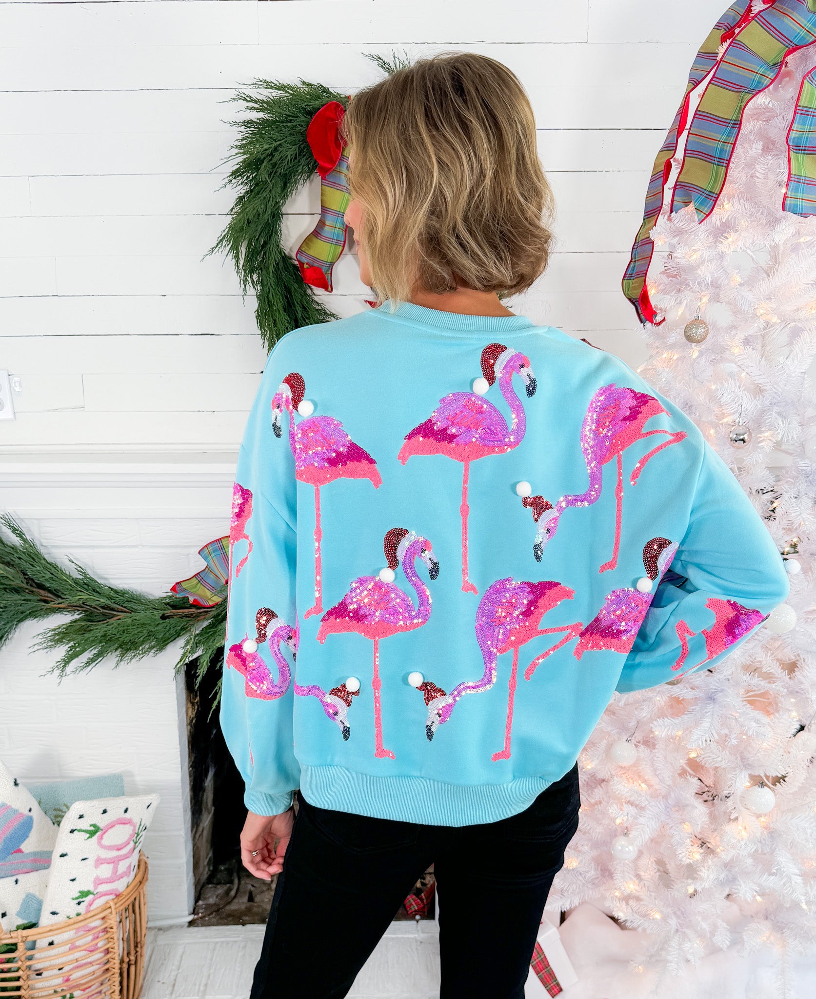 Queen of Sparkles Aqua Flamingo In Santa Hats Sweatshirt 