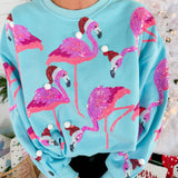 Queen of Sparkles Aqua Flamingo In Santa Hats Sweatshirt 