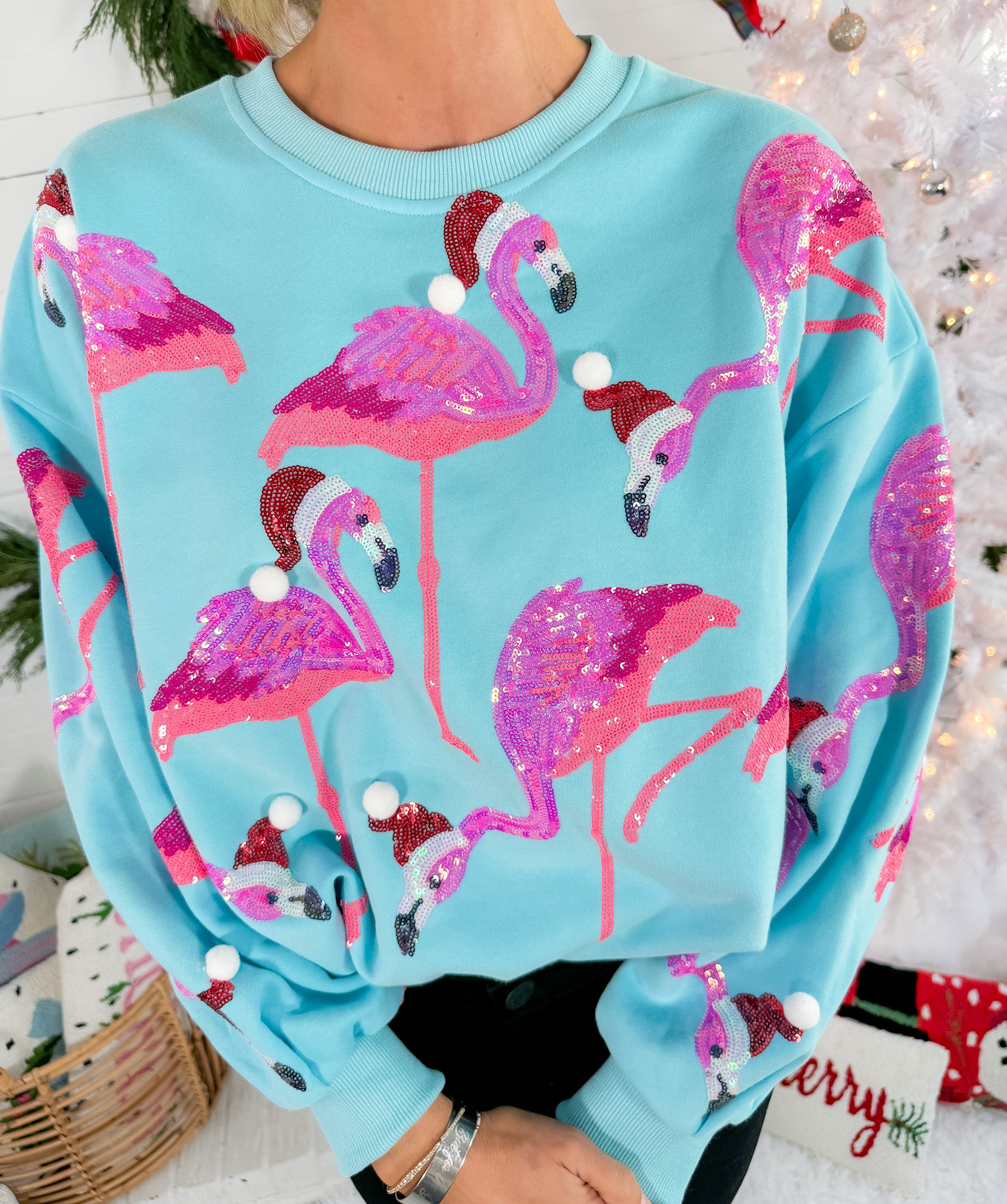 Queen of Sparkles Aqua Flamingo In Santa Hats Sweatshirt 