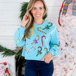 Queen of Sparkles Bright Blue Rainbow Candy Canes Sweatshirt