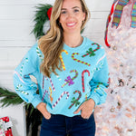 Queen of Sparkles Bright Blue Rainbow Candy Canes Sweatshirt