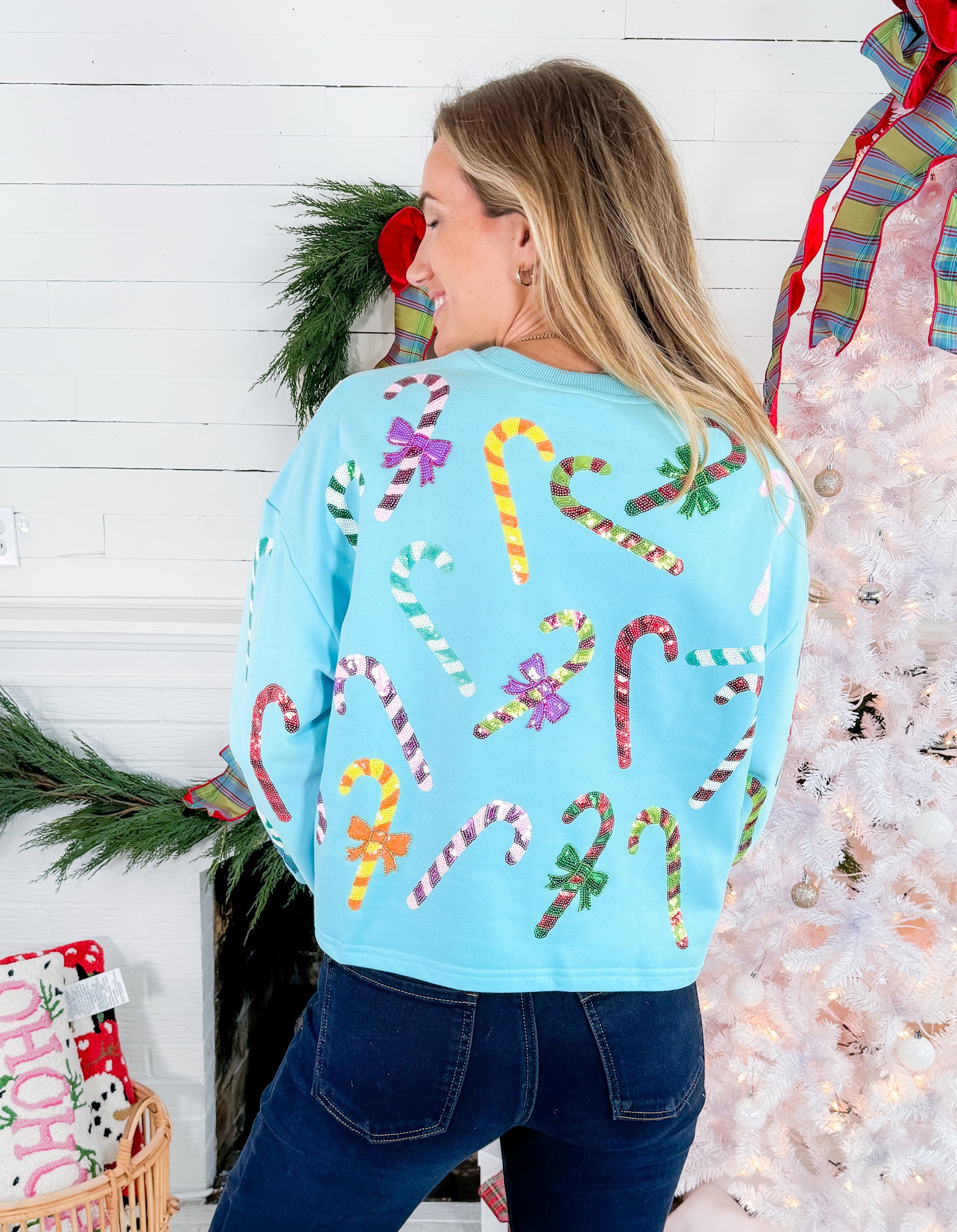 Queen of Sparkles Bright Blue Rainbow Candy Canes Sweatshirt