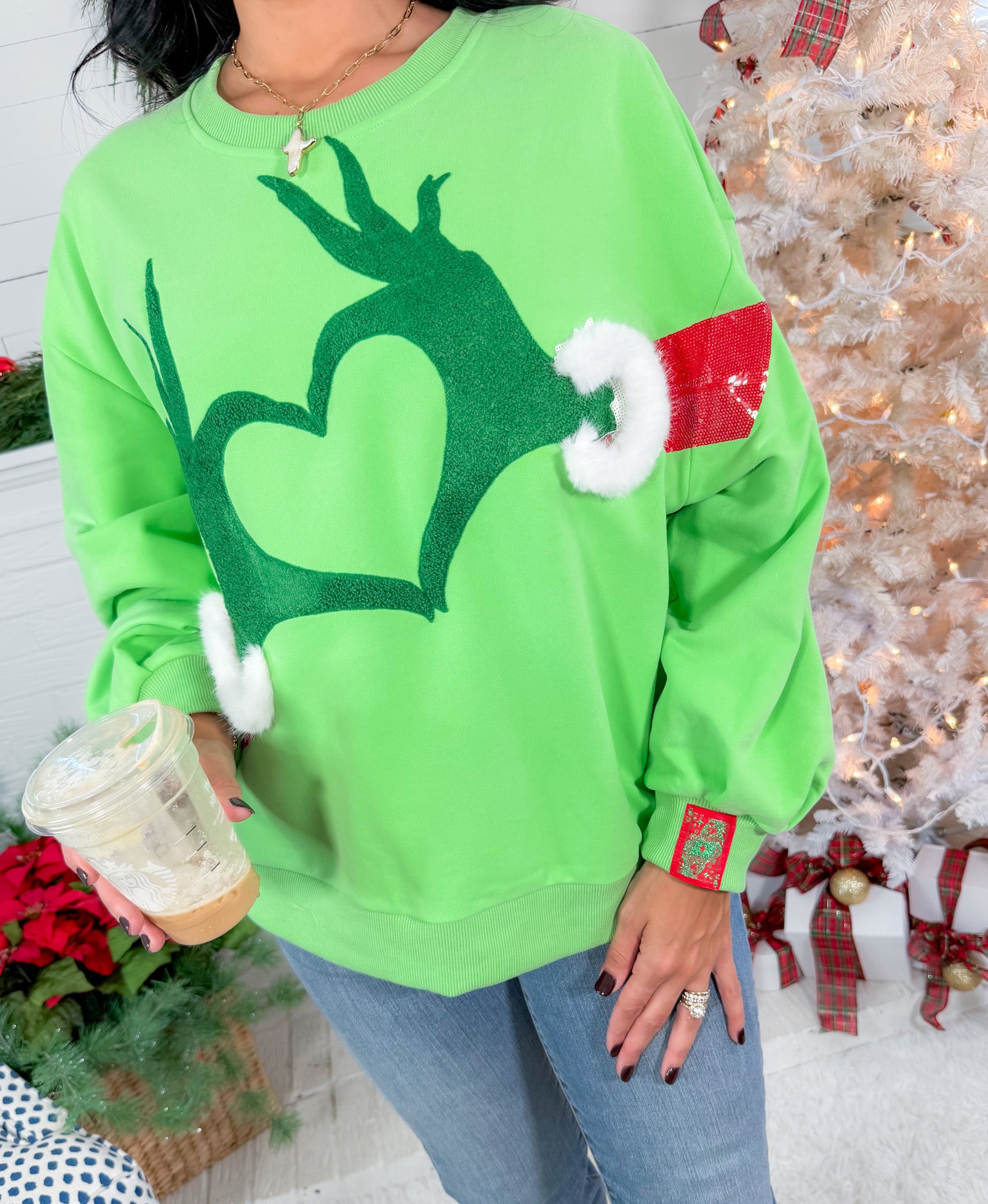 Queen of Sparkles Green Grinch Heart Hands Sweatshirt