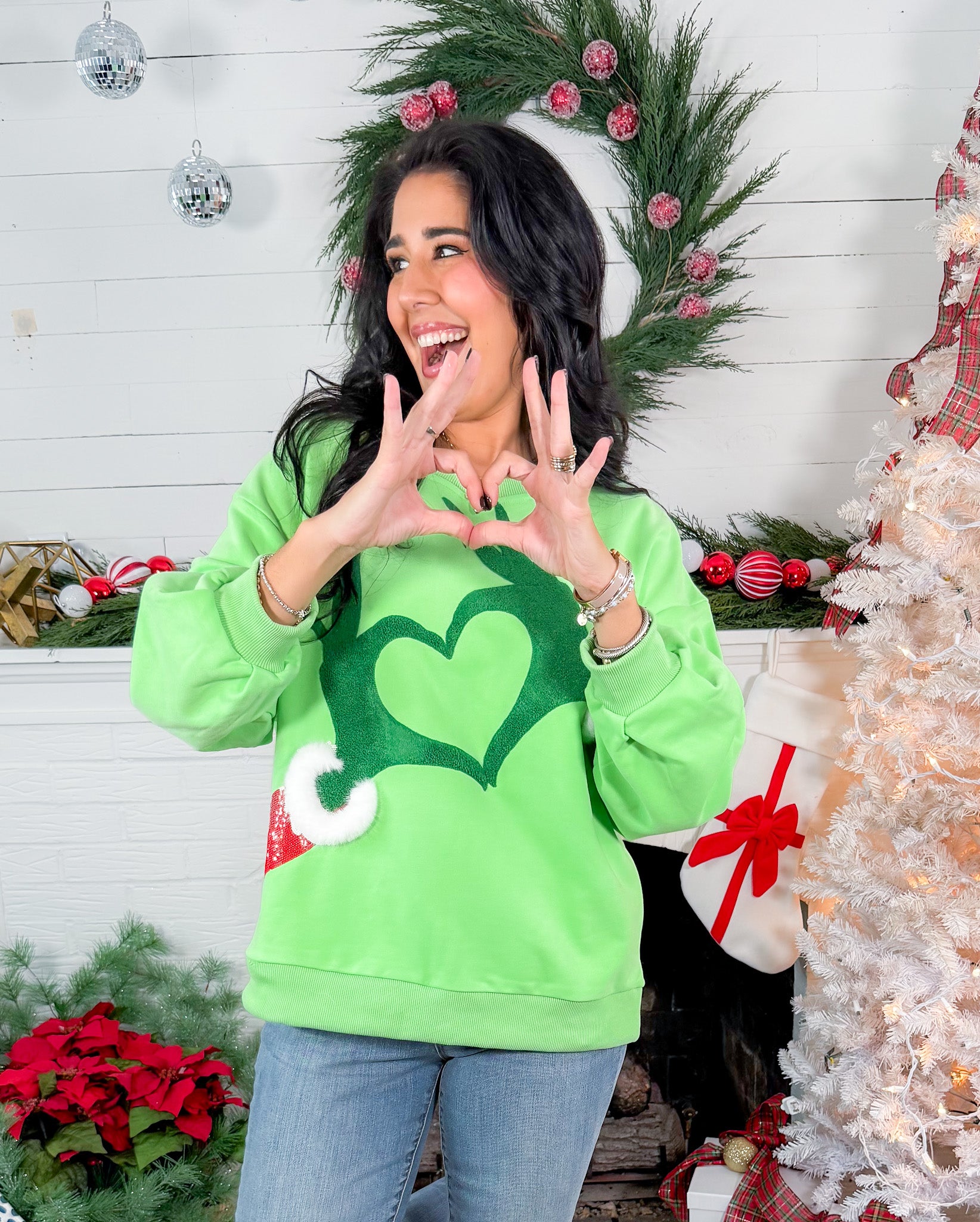 Queen of Sparkles Green Grinch Heart Hands Sweatshirt