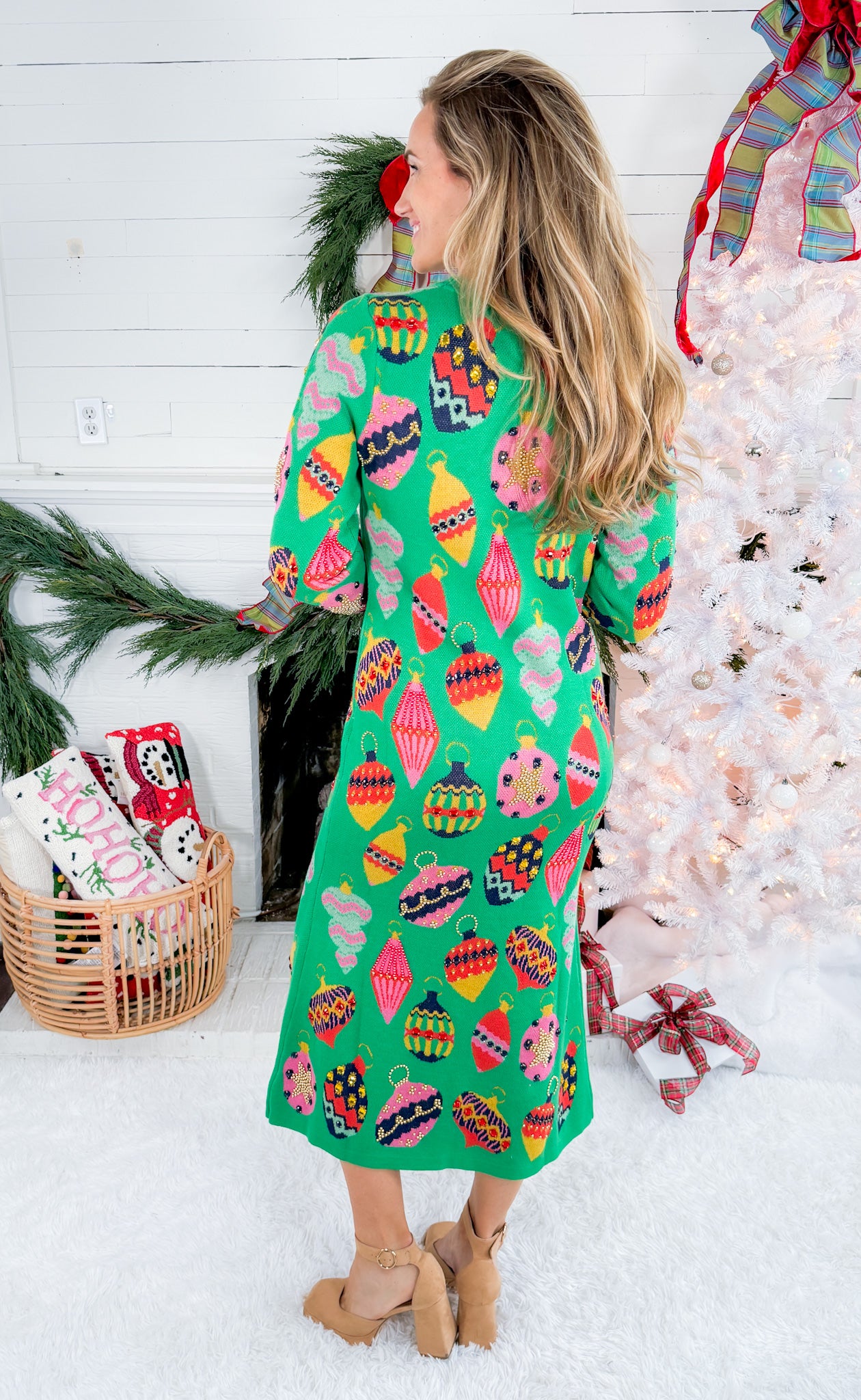 Queen of Sparkles Green Multi Ornament Sweater Maxi Dress