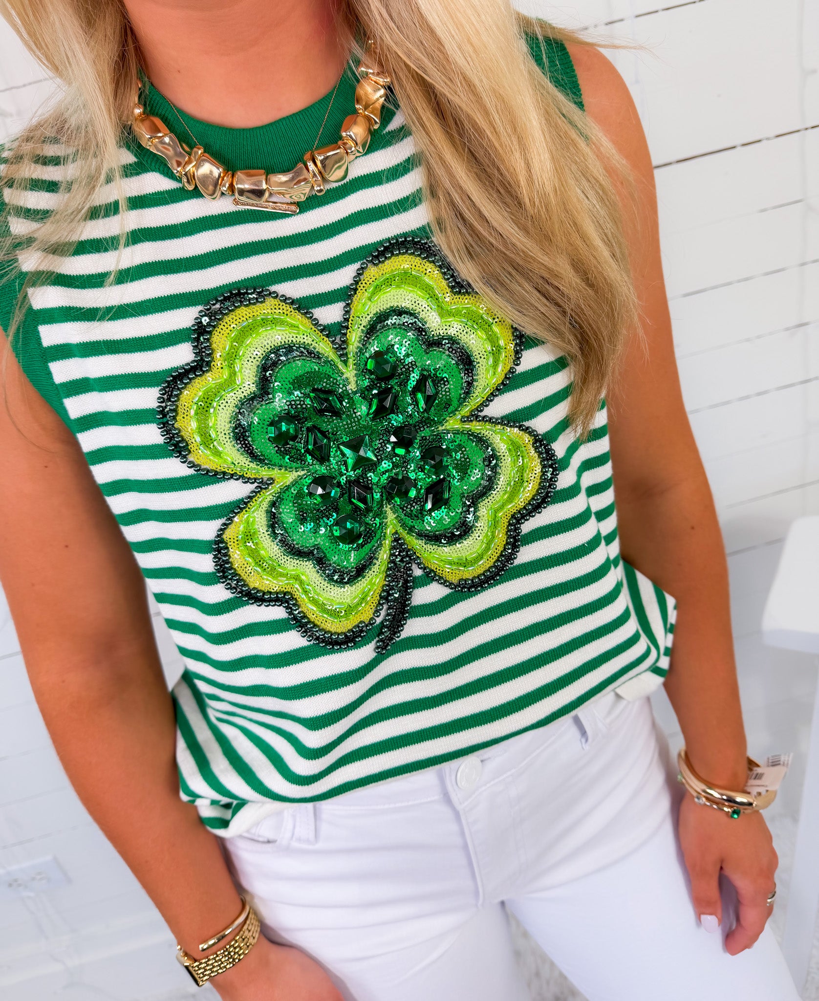 Queen of Sparkles Green Striped Shamrock Sweater