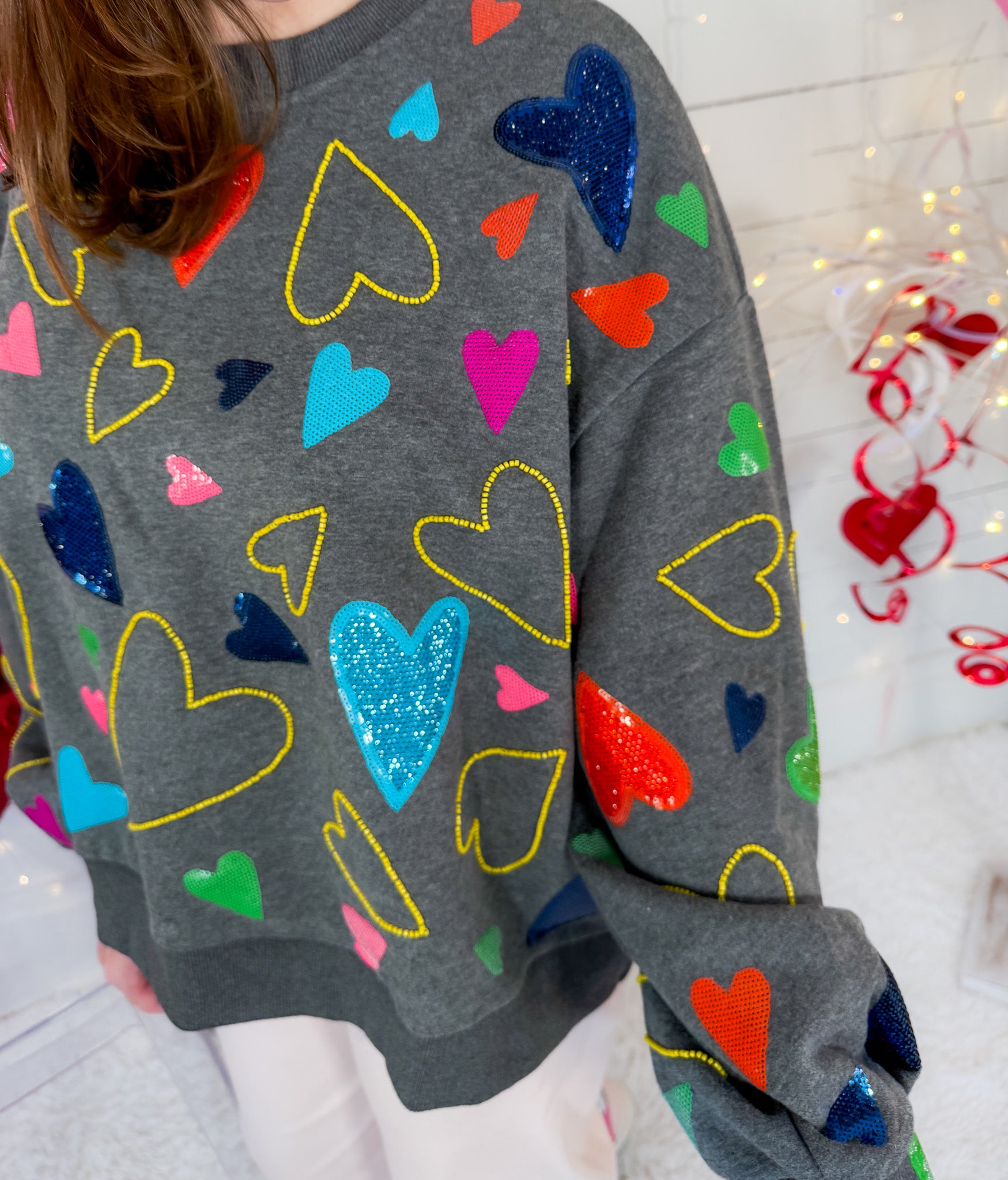 Queen of Sparkles Grey Groovy Hearts Sweatshirt