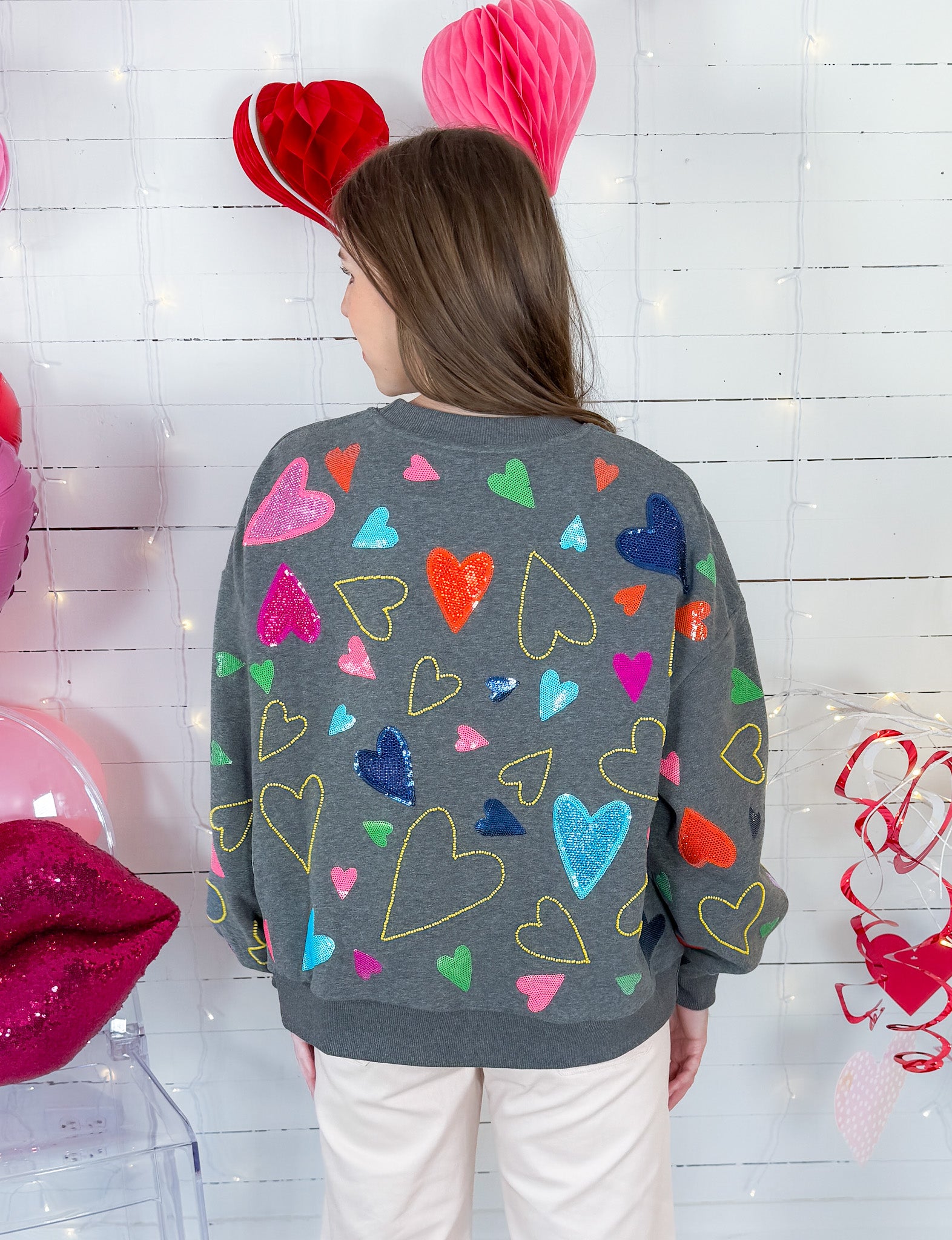 Queen of Sparkles Grey Groovy Hearts Sweatshirt