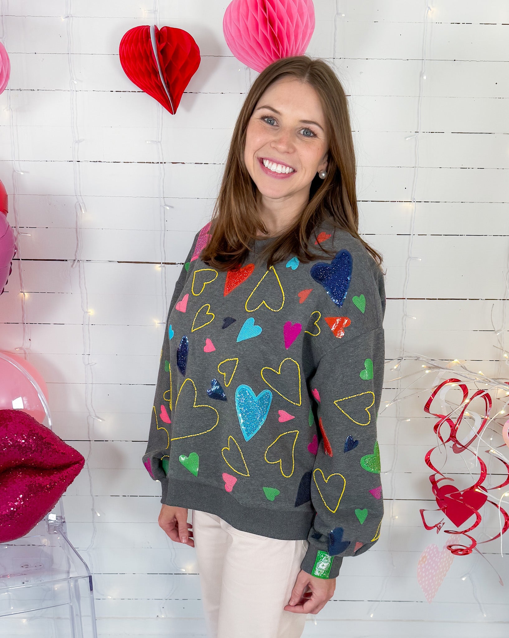 Queen of Sparkles Grey Groovy Hearts Sweatshirt