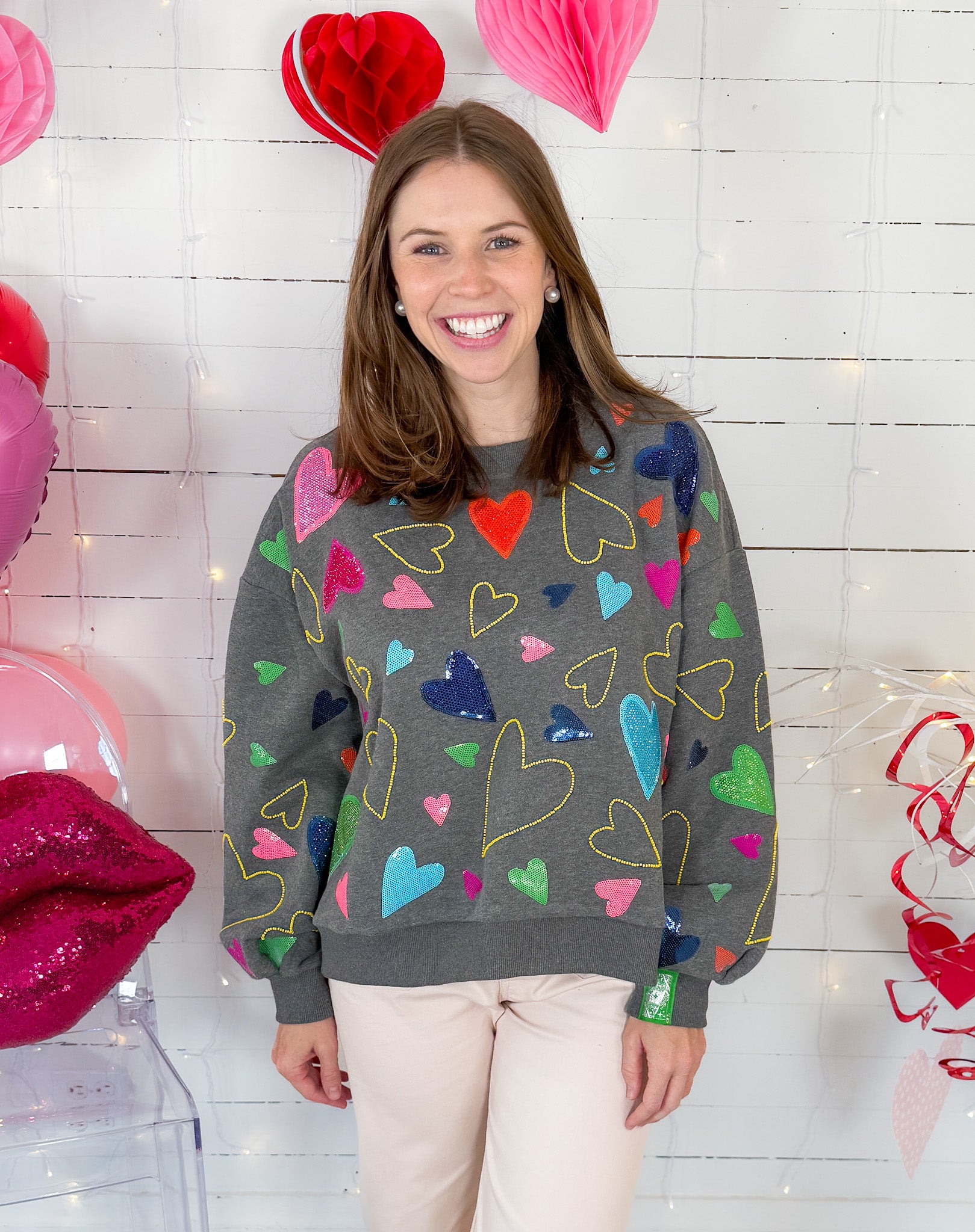 Queen of Sparkles Grey Groovy Hearts Sweatshirt