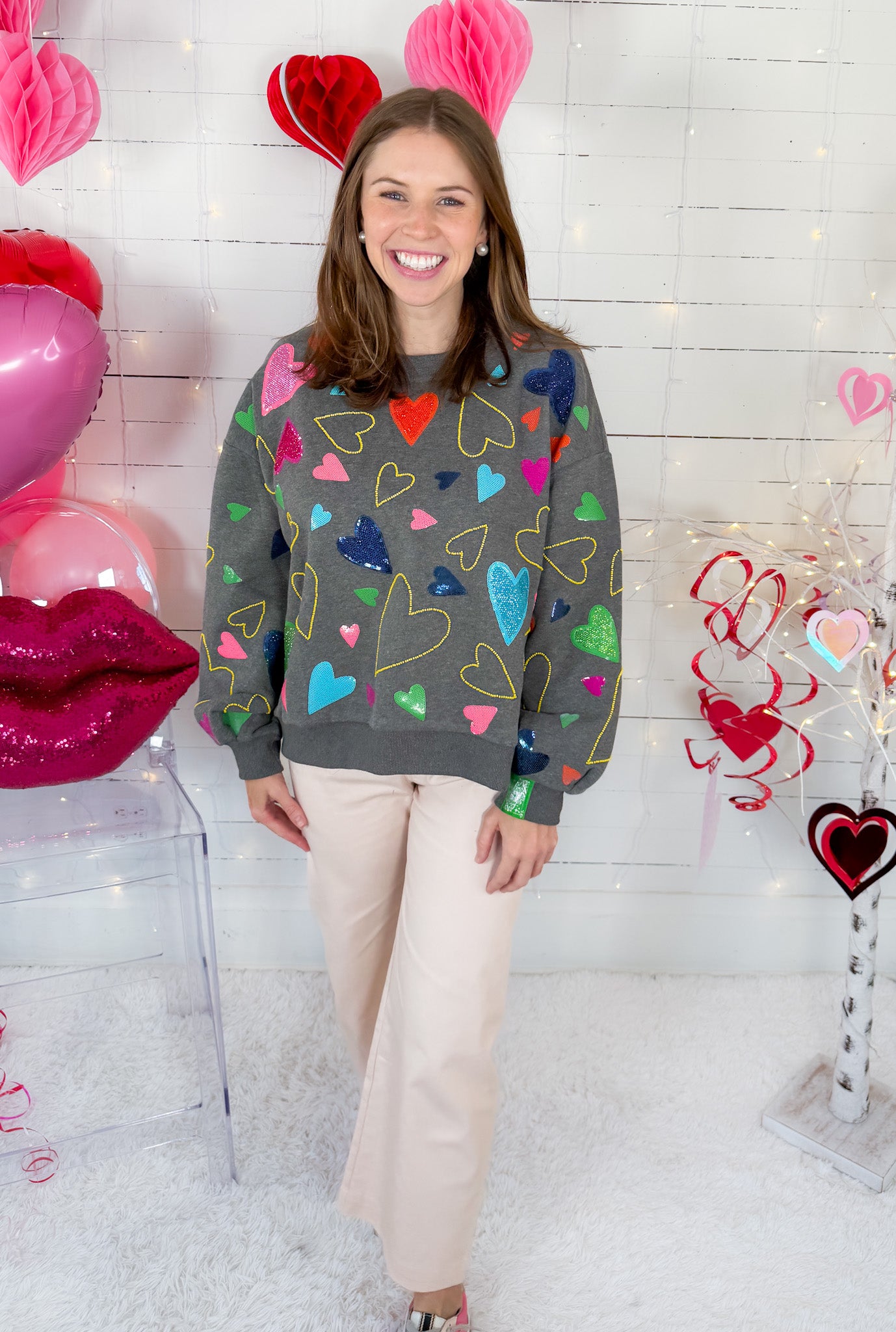 Queen of Sparkles Grey Groovy Hearts Sweatshirt