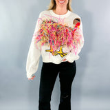 Queen of Sparkles Ivory Feather Turkey Sweater