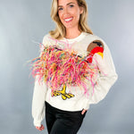 Queen of Sparkles Ivory Feather Turkey Sweater