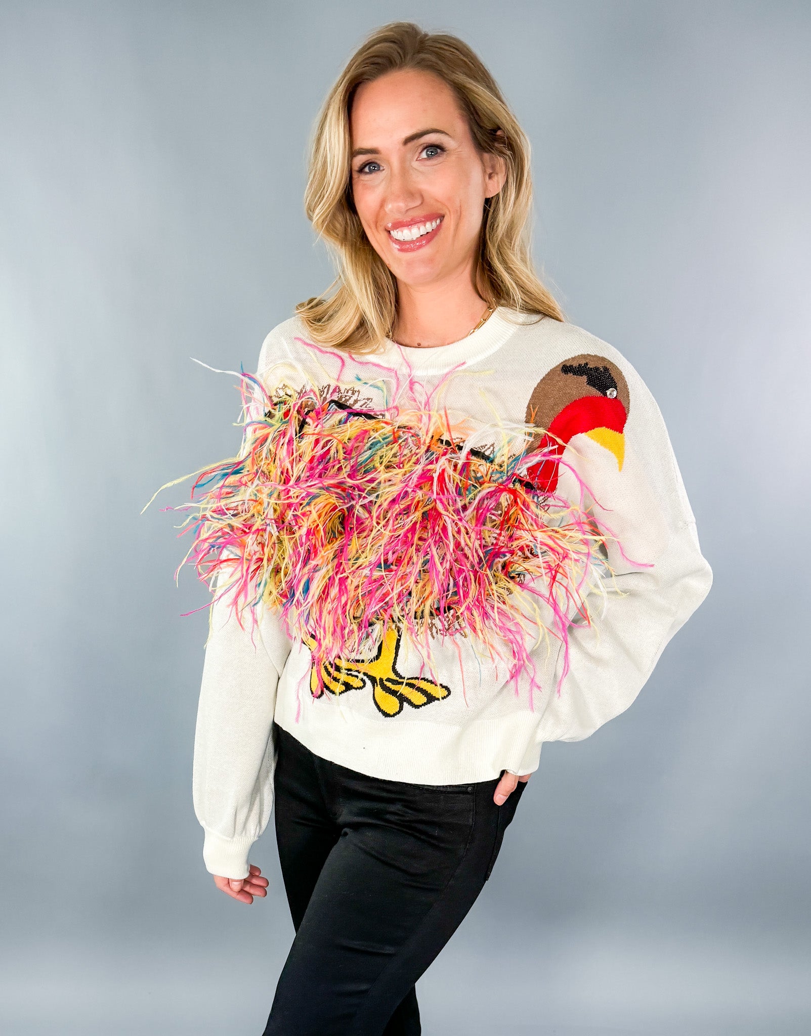 Queen of Sparkles Ivory Feather Turkey Sweater