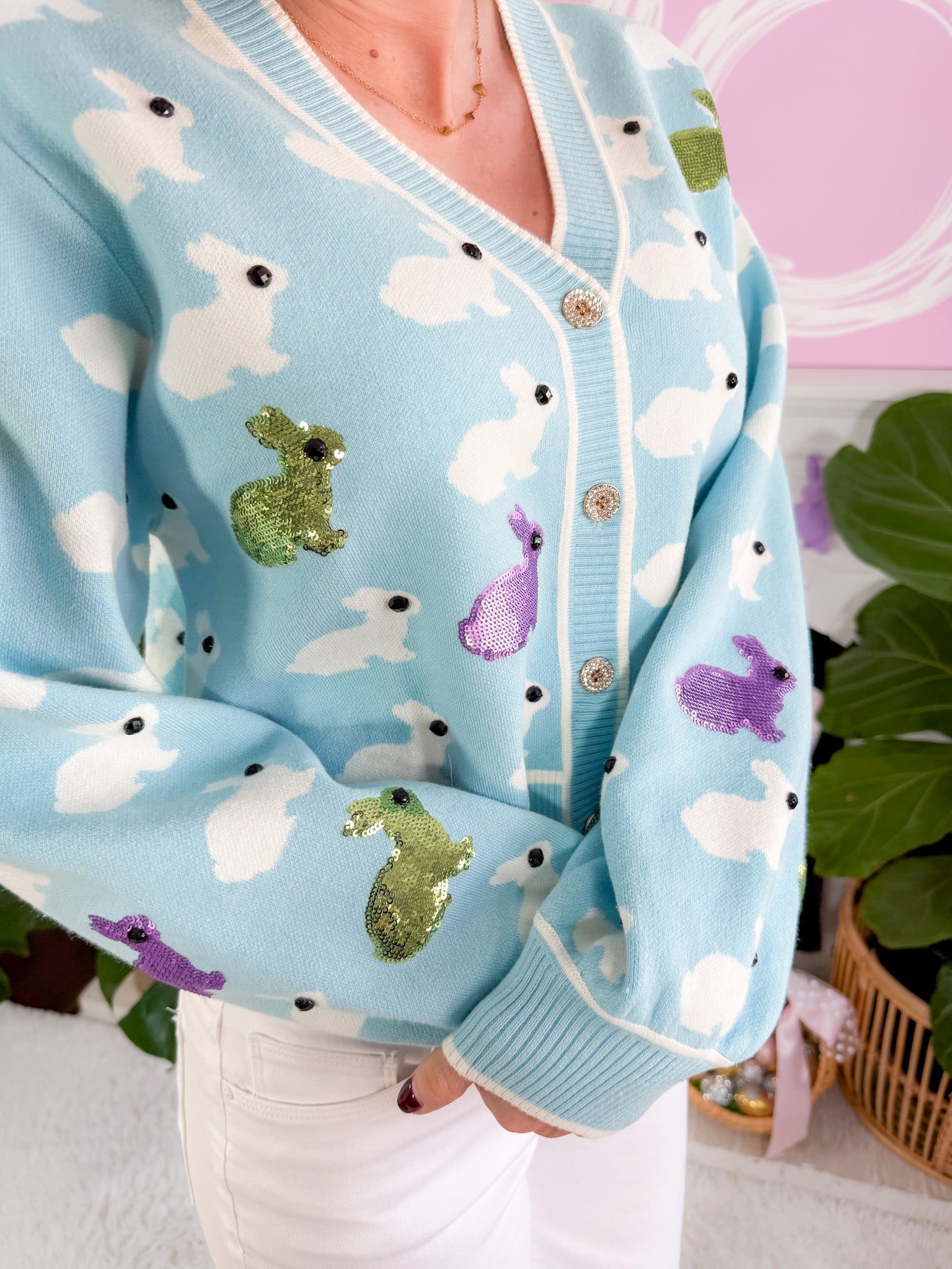 Queen of Sparkles Light Blue Scattered Bunny Cardigan