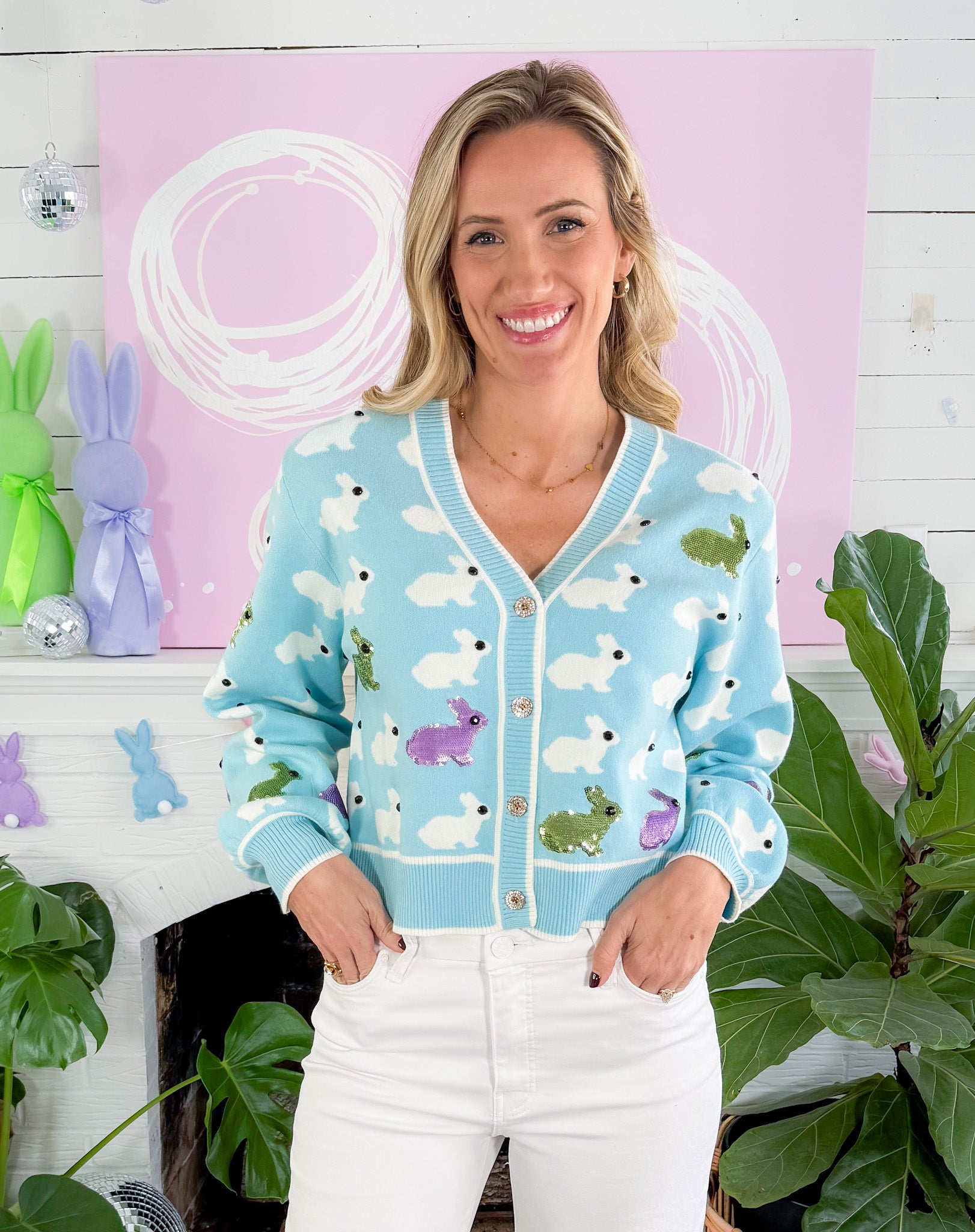 Queen of Sparkles Light Blue Scattered Bunny Cardigan