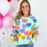 Queen of Sparkles Mint Fuzzy Candy Heart Sweatshirt