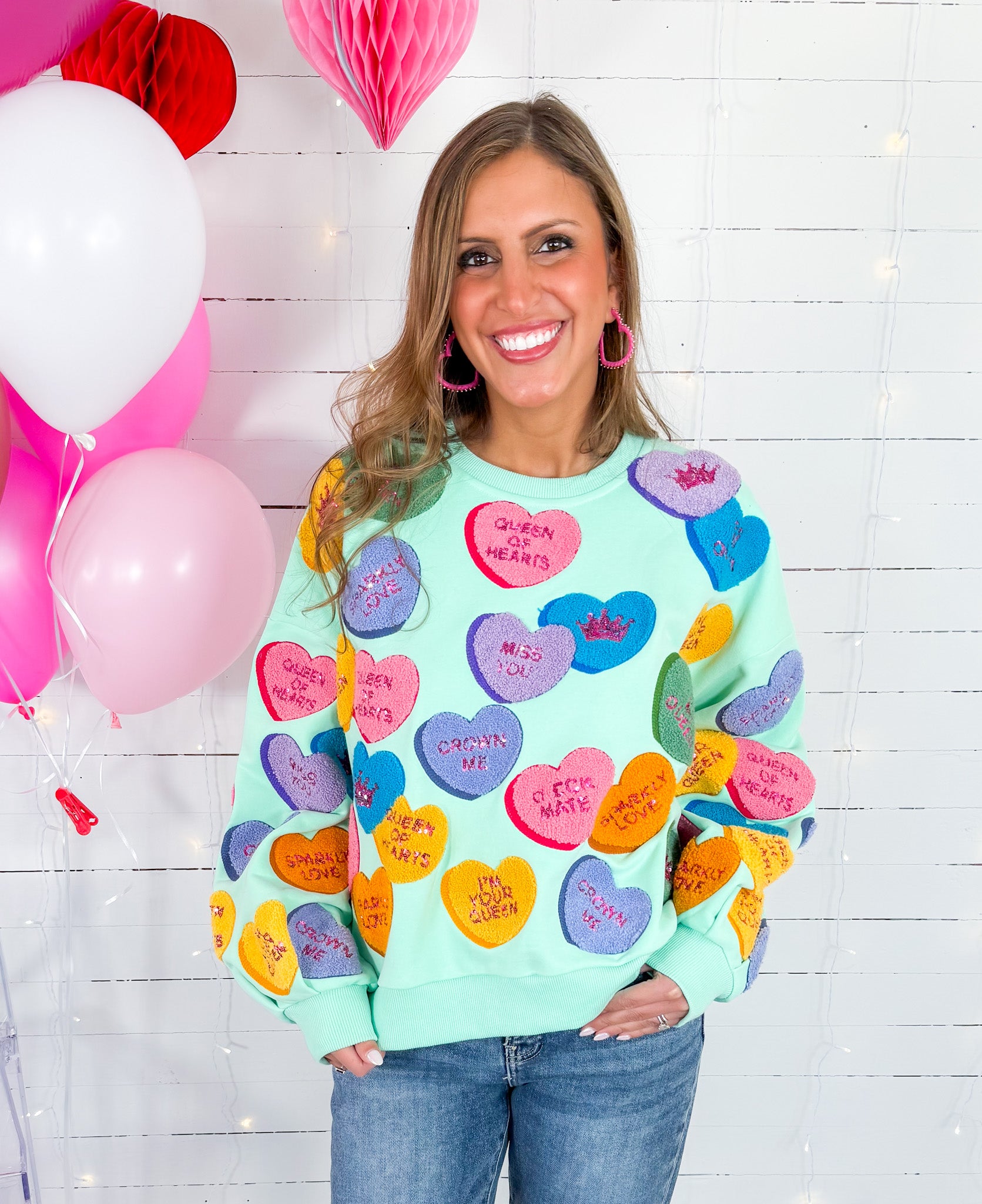 Queen of Sparkles Mint Fuzzy Candy Heart Sweatshirt