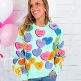 Queen of Sparkles Mint Fuzzy Candy Heart Sweatshirt