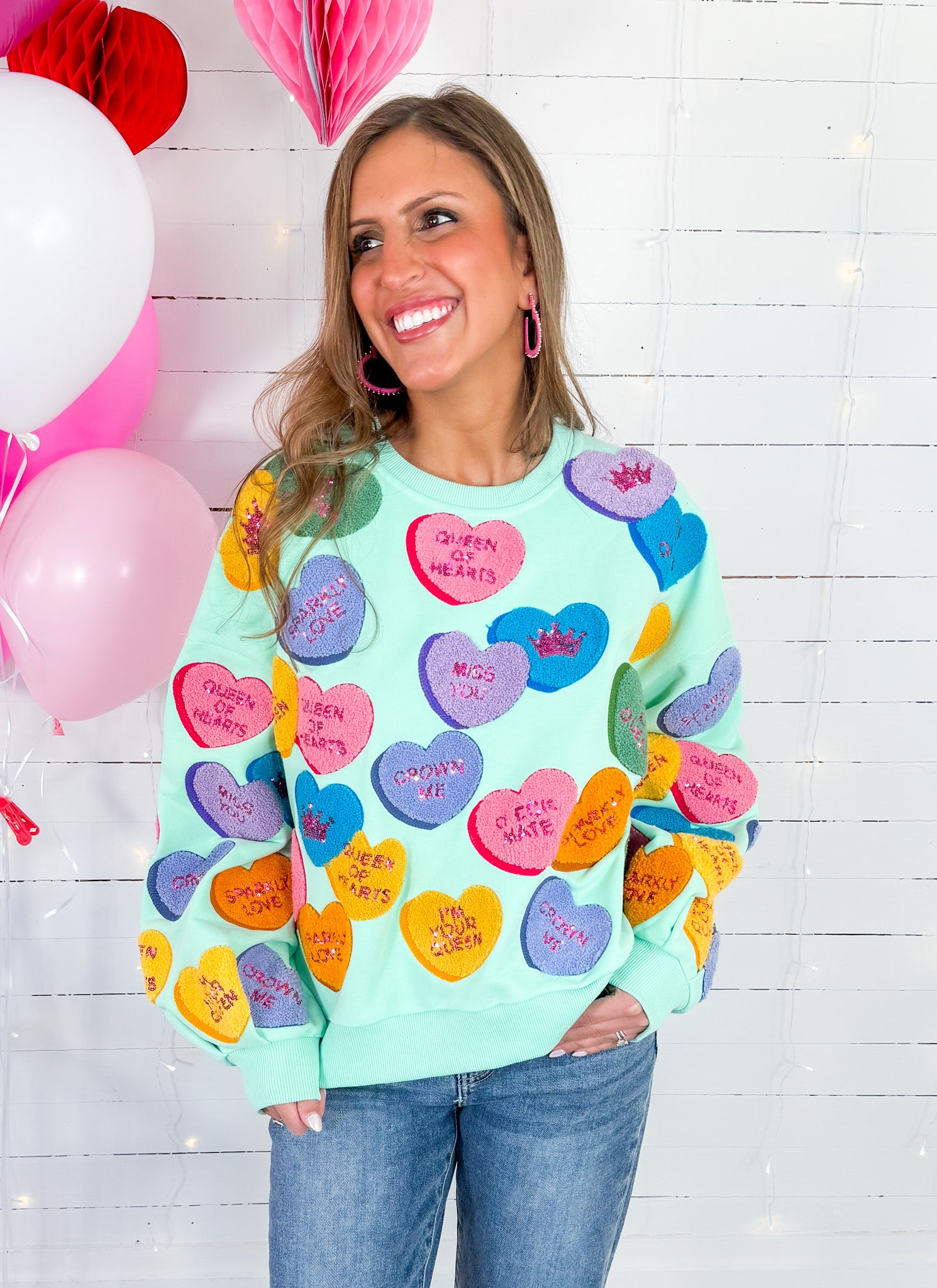 Queen of Sparkles Mint Fuzzy Candy Heart Sweatshirt