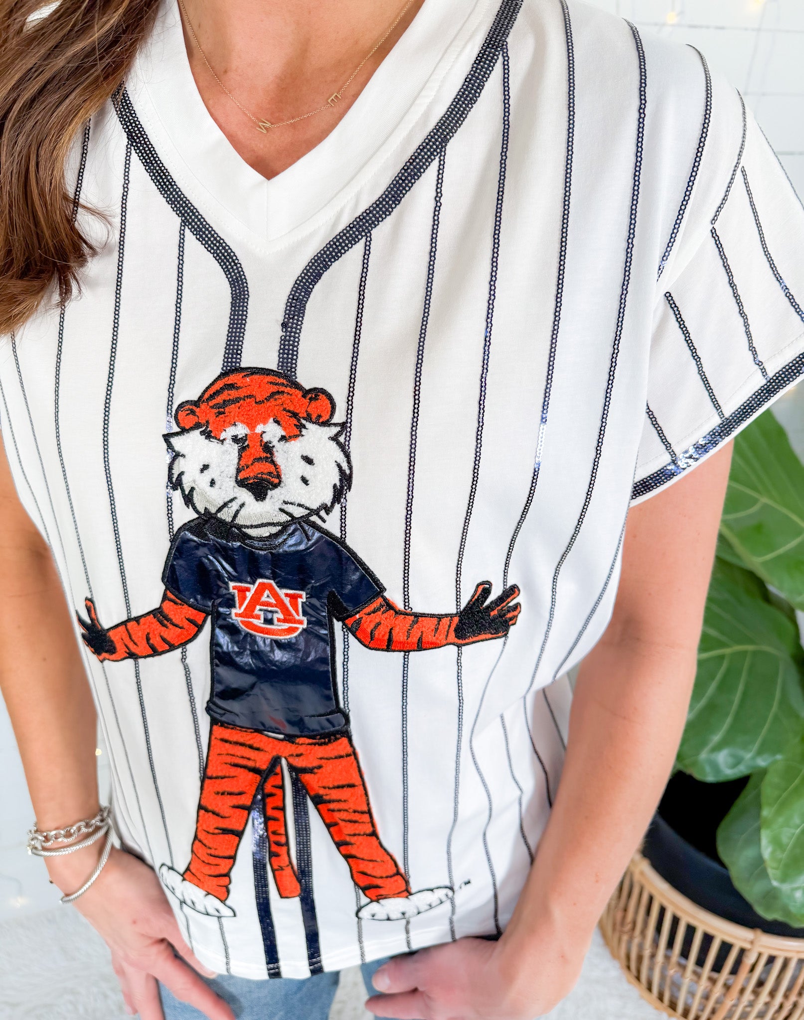 Queen of Sparkles Navy Striped Aubie Baseball Tee