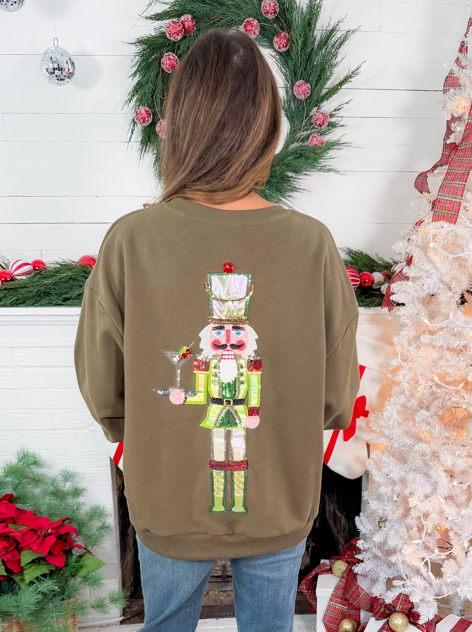 Queen of Sparkles Olive Green Martini Server Nutcracker Sweatshirt